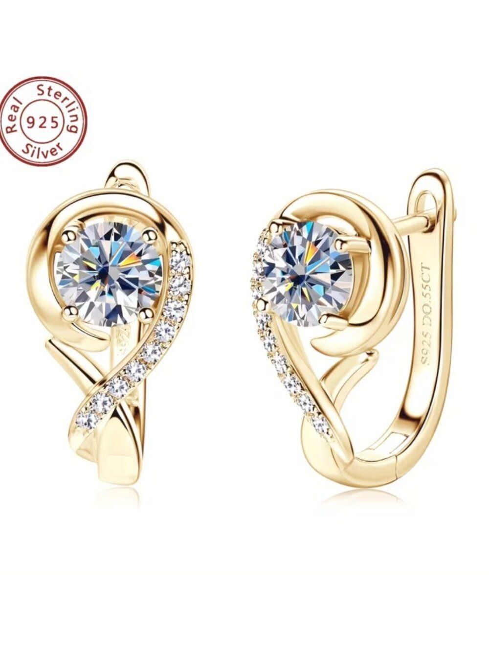 NIB 18K Gold Vermeil Moissanite Ribbon Swirl Earrings S925 Silver .55ctw Twist